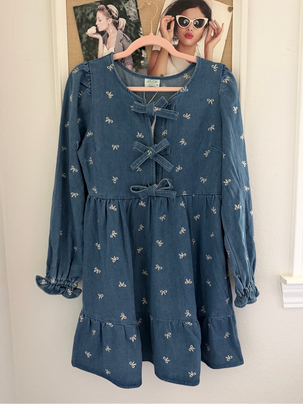 Embroidered Bow Denim Dress
